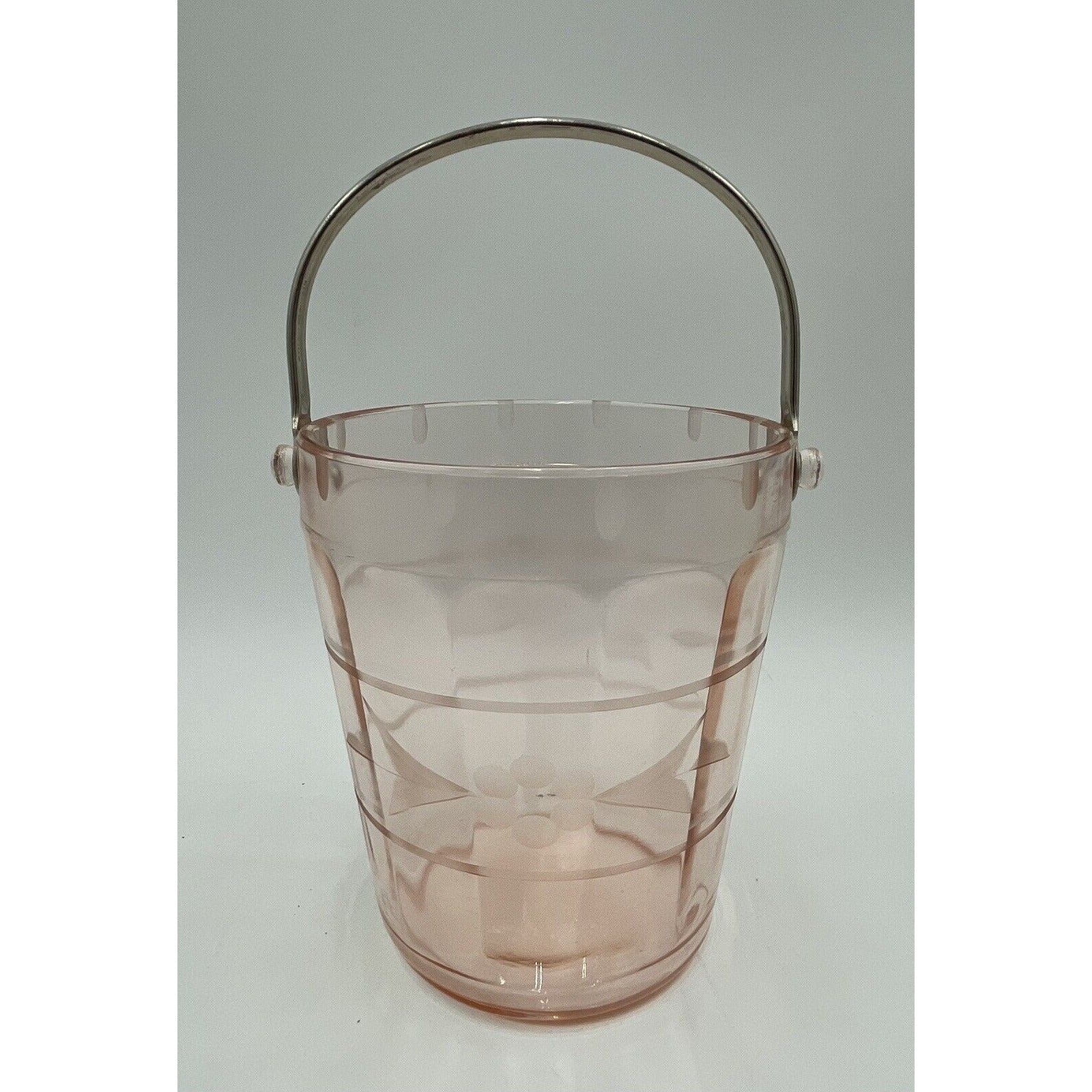 VTG Pink Depression Glass Ice Bucket w/Etched Floral Design & Silver Handle (C7) - Vintosh Vintage
