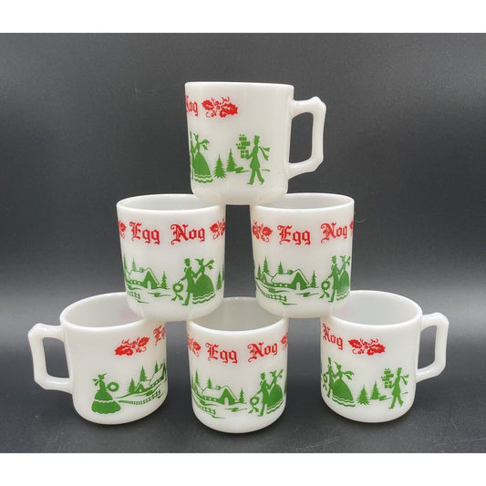 Six Vintage Hazel Atlas Milk Glass Christmas Eggnog Cups (B4) - Vintosh Vintage
