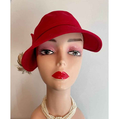 Vintage Red Felt Hat w/ Cream & Brown Feathers