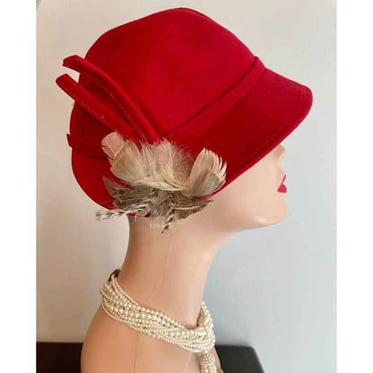 Vintage Red Felt Hat w/ Cream & Brown Feathers