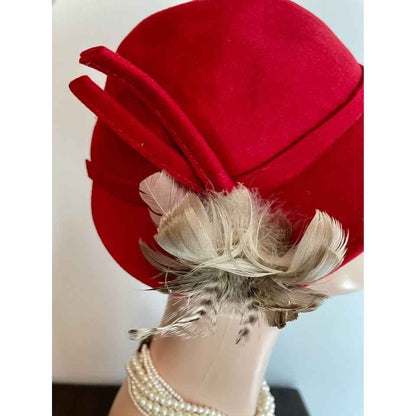 Vintage Red Felt Hat w/ Cream & Brown Feathers