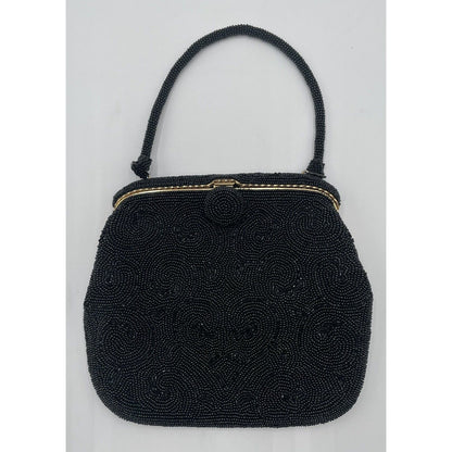 1950s Black Beaded Evening Bag with Top Handle - Bag by Debbie-Japan (A5) - Vintosh Vintage