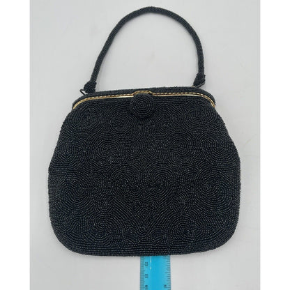 1950s Black Beaded Evening Bag with Top Handle - Bag by Debbie-Japan (A5) - Vintosh Vintage