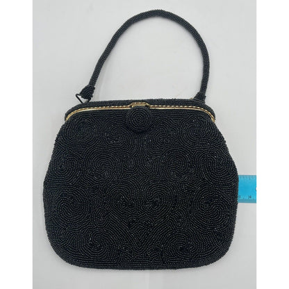 1950s Black Beaded Evening Bag with Top Handle - Bag by Debbie-Japan (A5) - Vintosh Vintage