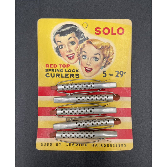 Vintage SOLO Red Top Spring Lock Curlers Set of 5 NOS Hair/Beauty Advertisement - Vintosh Vintage