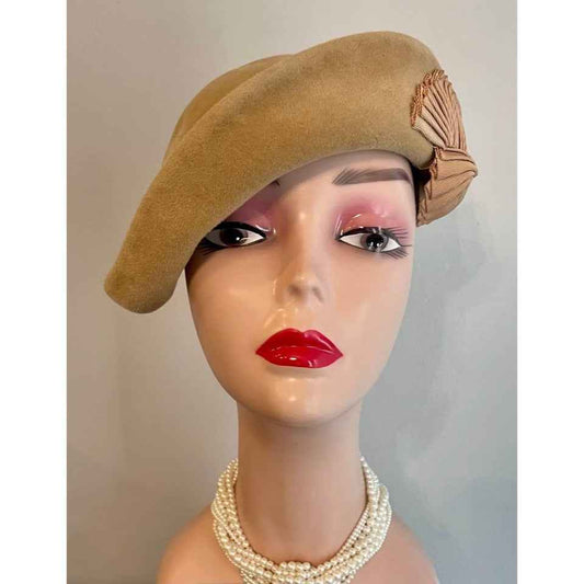 Vintage Bloomingdale’s Tan Velour Hat with Ribbon Shell Adornment