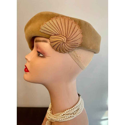 Vintage Bloomingdale’s Tan Velour Hat with Ribbon Shell Adornment