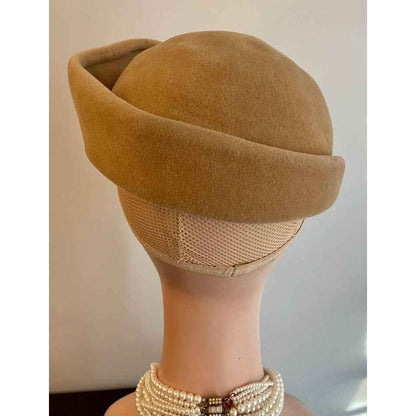 Vintage Bloomingdale’s Tan Velour Hat with Ribbon Shell Adornment