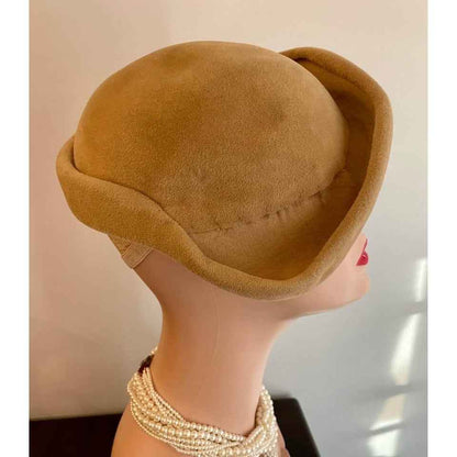 Vintage Bloomingdale’s Tan Velour Hat with Ribbon Shell Adornment