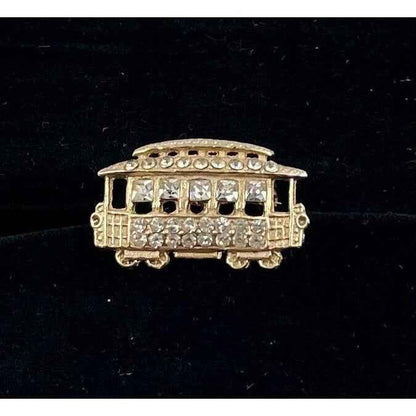 VINTAGE GOLD TONE CLEAR RHINESTONE TROLLEY CAR BROOCH PIN (A1)
