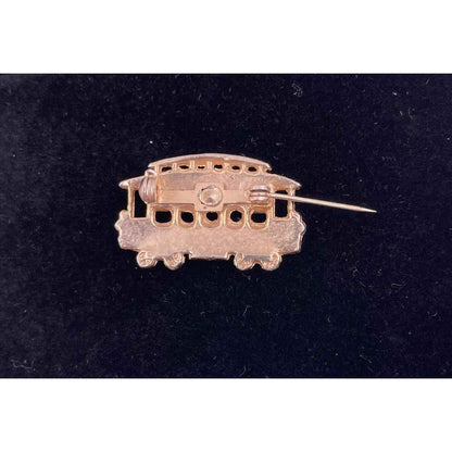 VINTAGE GOLD TONE CLEAR RHINESTONE TROLLEY CAR BROOCH PIN (A1)