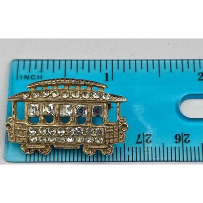 VINTAGE GOLD TONE CLEAR RHINESTONE TROLLEY CAR BROOCH PIN (A1)