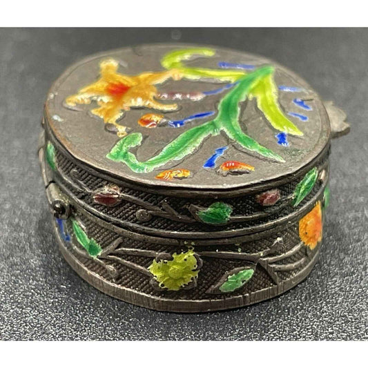 Antique Hand Painted Multicolored Lily Cloisonne Enamel Hinged Pill Box (B7)