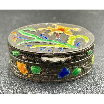 Antique Hand Painted Multicolored Lily Cloisonne Enamel Hinged Pill Box (B7)