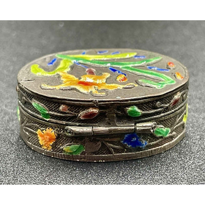 Antique Hand Painted Multicolored Lily Cloisonne Enamel Hinged Pill Box (B7)