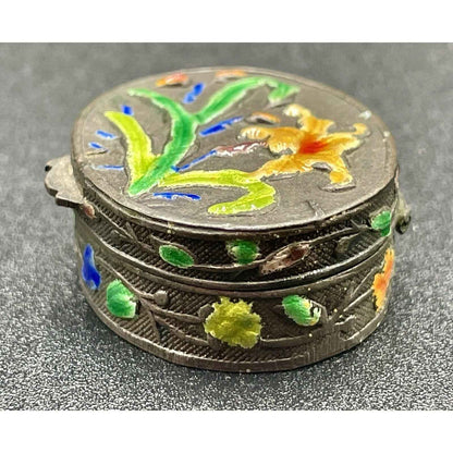 Antique Hand Painted Multicolored Lily Cloisonne Enamel Hinged Pill Box (B7)