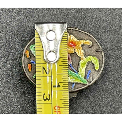 Antique Hand Painted Multicolored Lily Cloisonne Enamel Hinged Pill Box (B7)