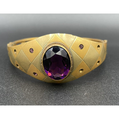 Antique W & S Blackington Co Gold Filled Hinged Bangle Bracelet w/ Purple Stone - Vintosh Vintage