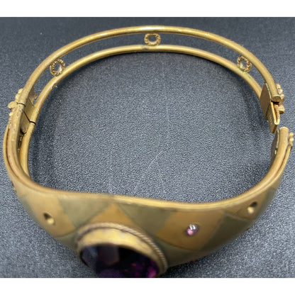 Antique W & S Blackington Co Gold Filled Hinged Bangle Bracelet w/ Purple Stone - Vintosh Vintage