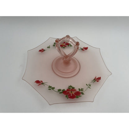 Vtg Frosted Glass Pink Hand Painted Floral Sandwich/Dessert Tray Loop Handle - Vintosh Vintage