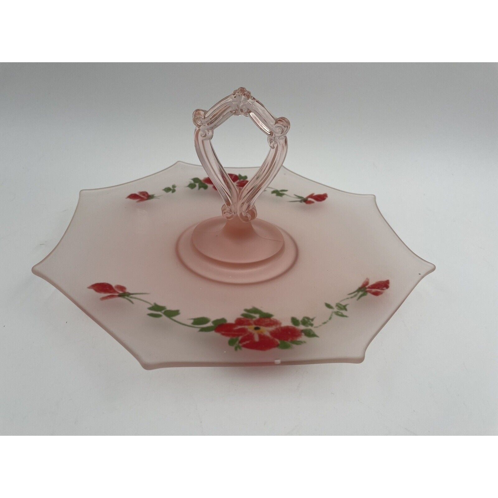 Vtg Frosted Glass Pink Hand Painted Floral Sandwich/Dessert Tray Loop Handle - Vintosh Vintage