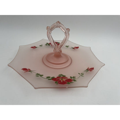 Vtg Frosted Glass Pink Hand Painted Floral Sandwich/Dessert Tray Loop Handle - Vintosh Vintage