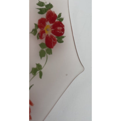 Vtg Frosted Glass Pink Hand Painted Floral Sandwich/Dessert Tray Loop Handle - Vintosh Vintage