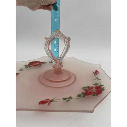 Vtg Frosted Glass Pink Hand Painted Floral Sandwich/Dessert Tray Loop Handle - Vintosh Vintage