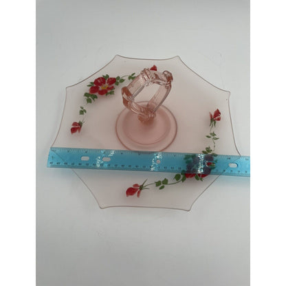 Vtg Frosted Glass Pink Hand Painted Floral Sandwich/Dessert Tray Loop Handle - Vintosh Vintage