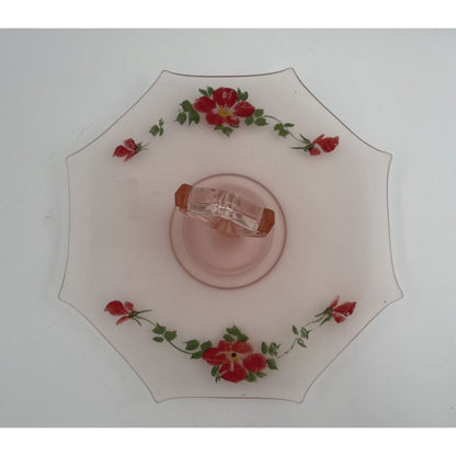 Vtg Frosted Glass Pink Hand Painted Floral Sandwich/Dessert Tray Loop Handle - Vintosh Vintage