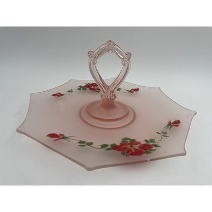 Vtg Frosted Glass Pink Hand Painted Floral Sandwich/Dessert Tray Loop Handle - Vintosh Vintage
