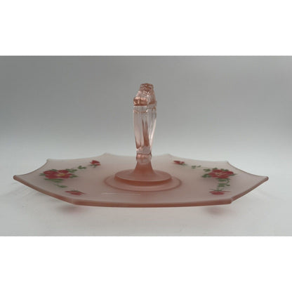 Vtg Frosted Glass Pink Hand Painted Floral Sandwich/Dessert Tray Loop Handle - Vintosh Vintage