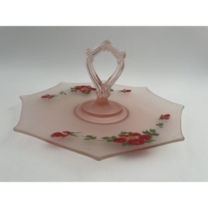 Vtg Frosted Glass Pink Hand Painted Floral Sandwich/Dessert Tray Loop Handle - Vintosh Vintage