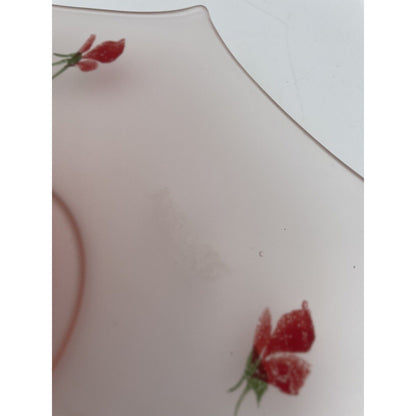Vtg Frosted Glass Pink Hand Painted Floral Sandwich/Dessert Tray Loop Handle - Vintosh Vintage