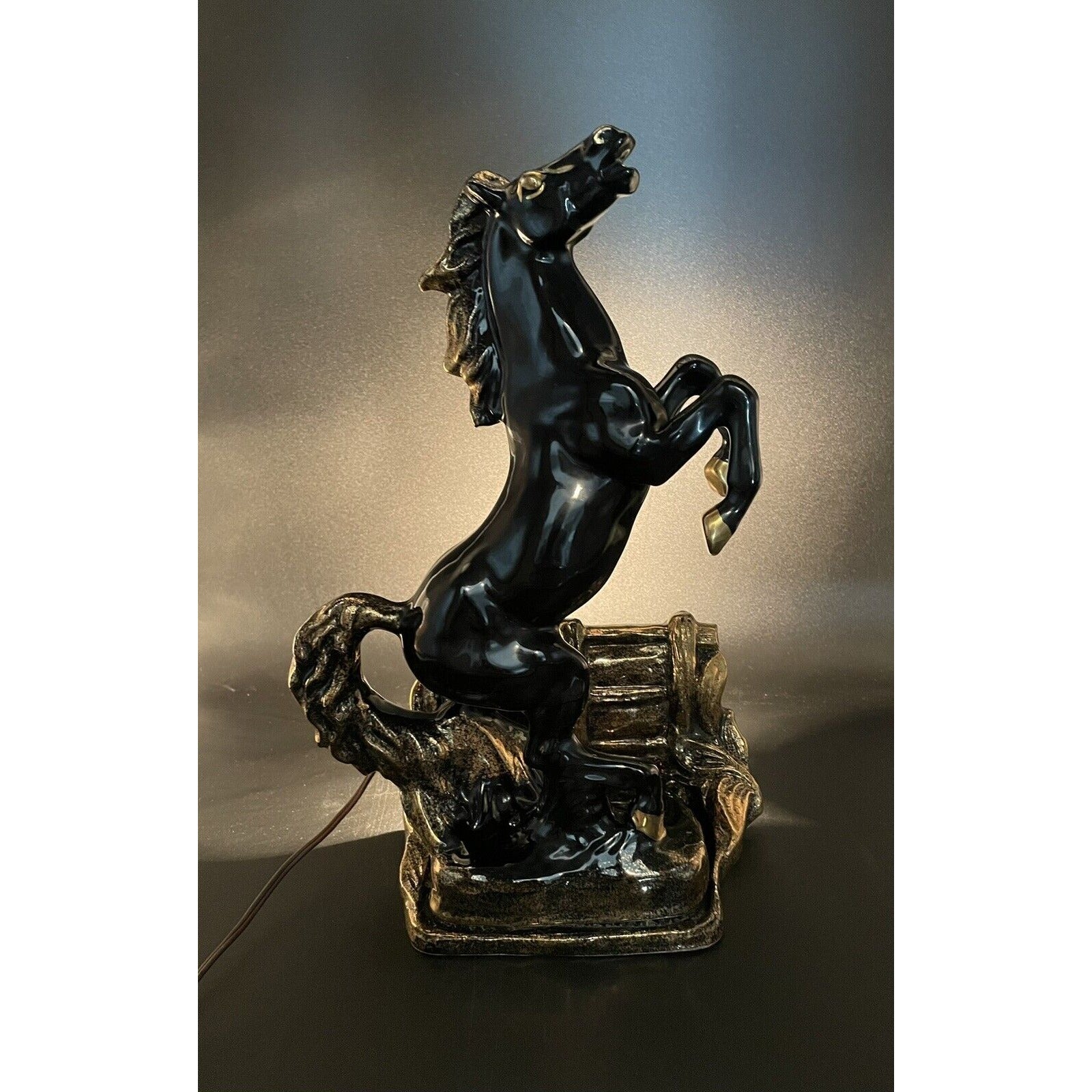 Mid Century Modern Black & Gold Glazed Stallion TV Lamp - WORKS - Vintosh Vintage