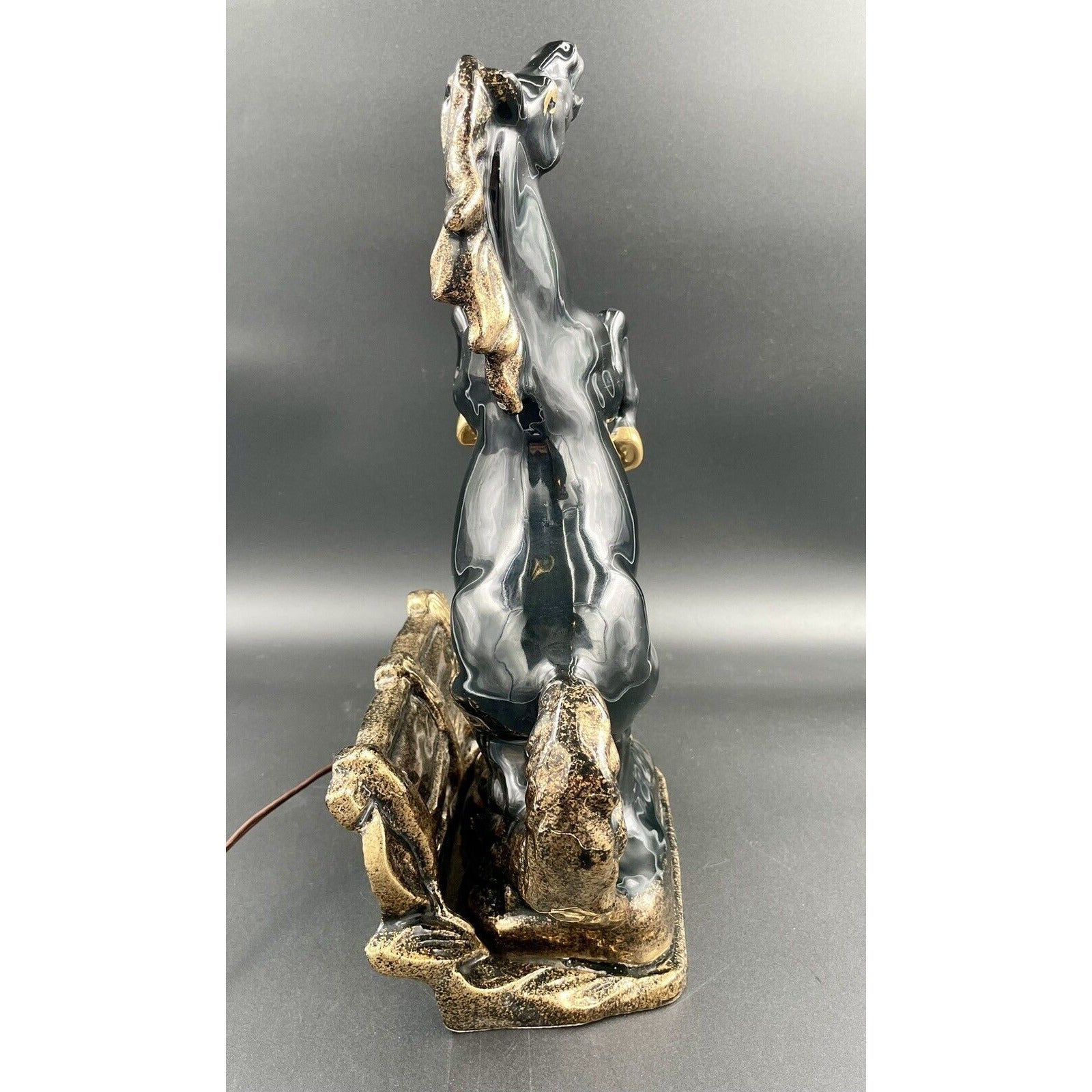 Mid Century Modern Black & Gold Glazed Stallion TV Lamp - WORKS - Vintosh Vintage