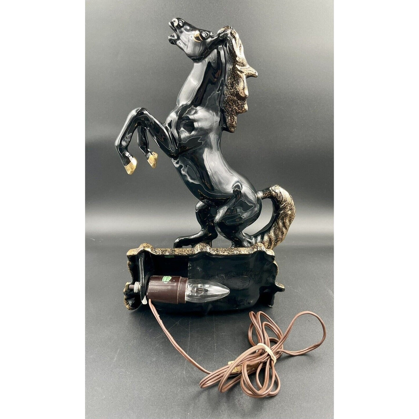 Mid Century Modern Black & Gold Glazed Stallion TV Lamp - WORKS - Vintosh Vintage
