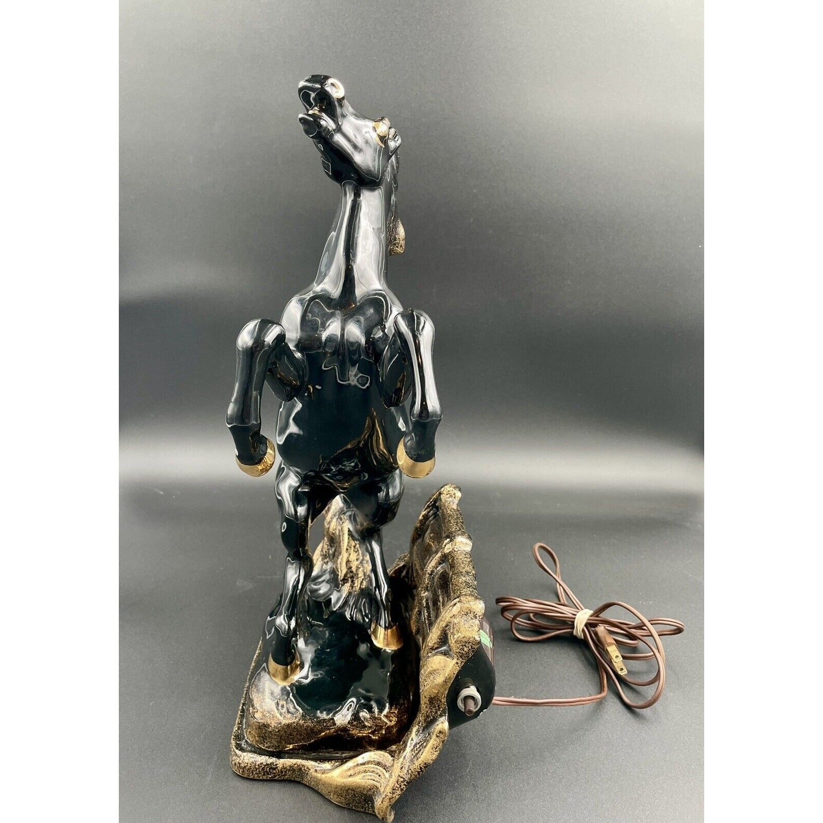 Mid Century Modern Black & Gold Glazed Stallion TV Lamp - WORKS - Vintosh Vintage