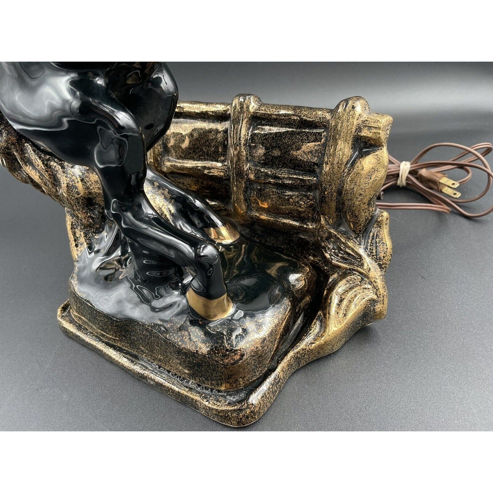 Mid Century Modern Black & Gold Glazed Stallion TV Lamp - WORKS - Vintosh Vintage