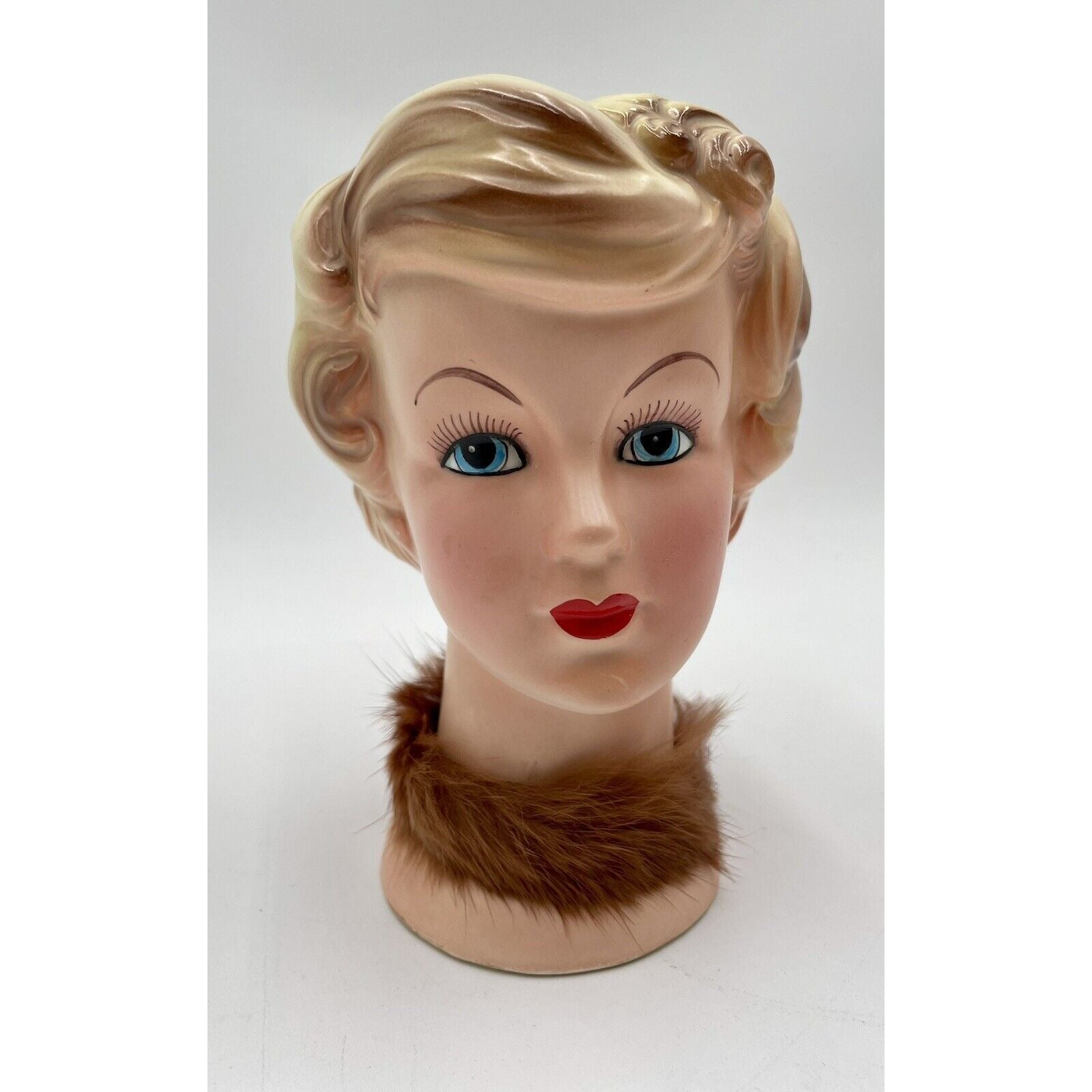 Vintage Enesco 6" Lady Head Vase w/ Blond Hair & Fur Collar - Vintosh Vintage