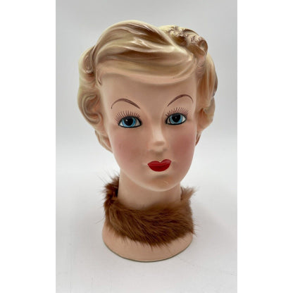 Vintage Enesco 6" Lady Head Vase w/ Blond Hair & Fur Collar - Vintosh Vintage