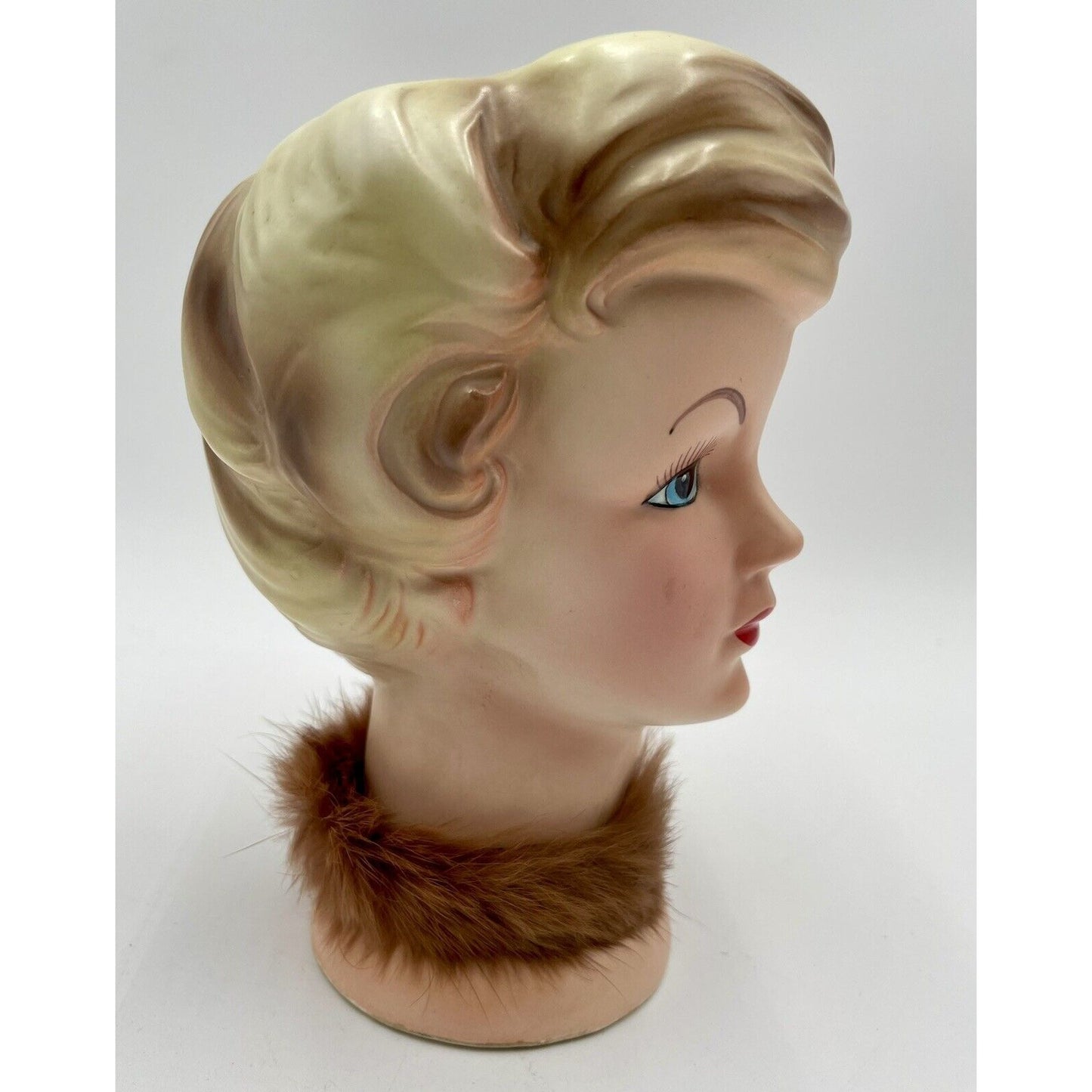 Vintage Enesco 6" Lady Head Vase w/ Blond Hair & Fur Collar - Vintosh Vintage