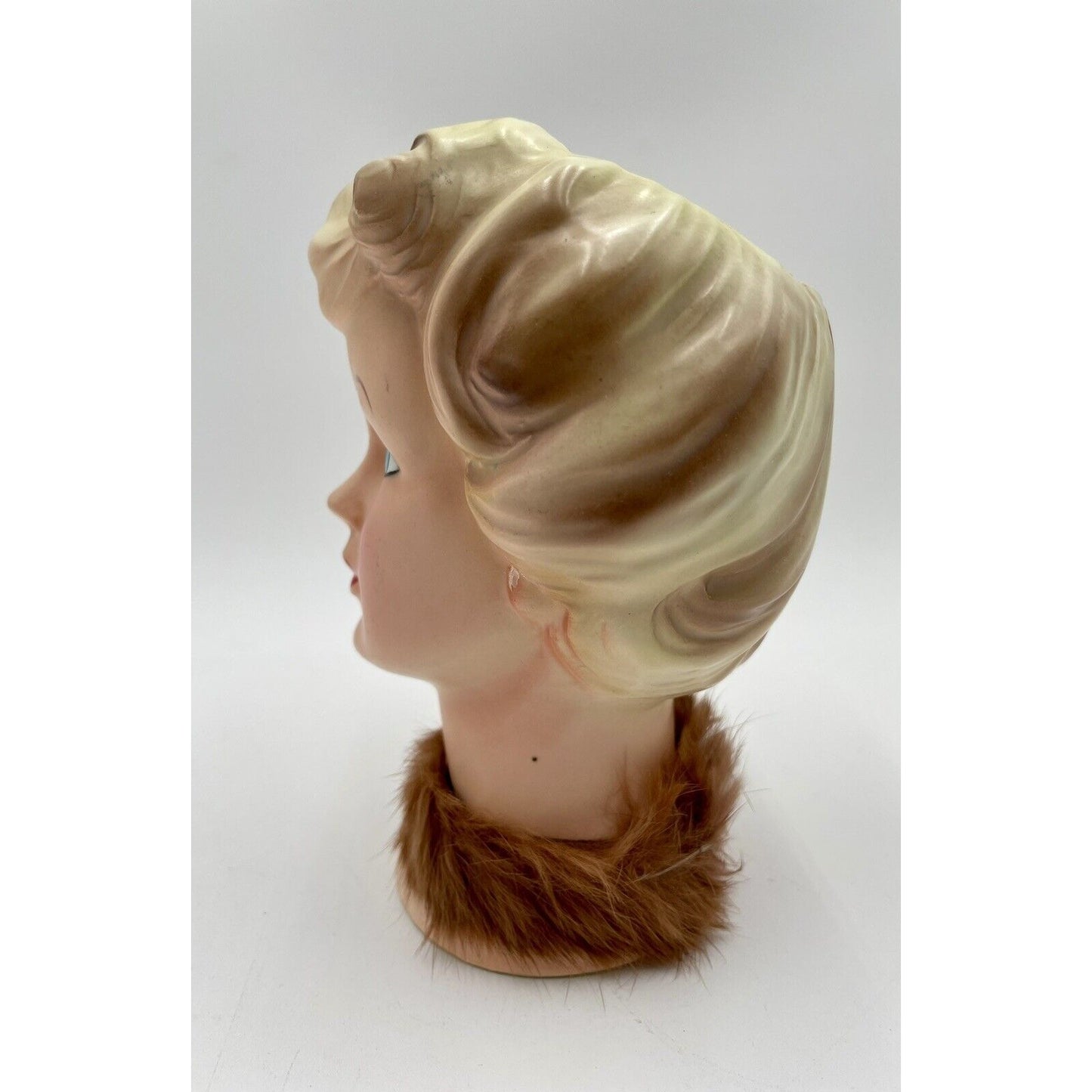 Vintage Enesco 6" Lady Head Vase w/ Blond Hair & Fur Collar - Vintosh Vintage