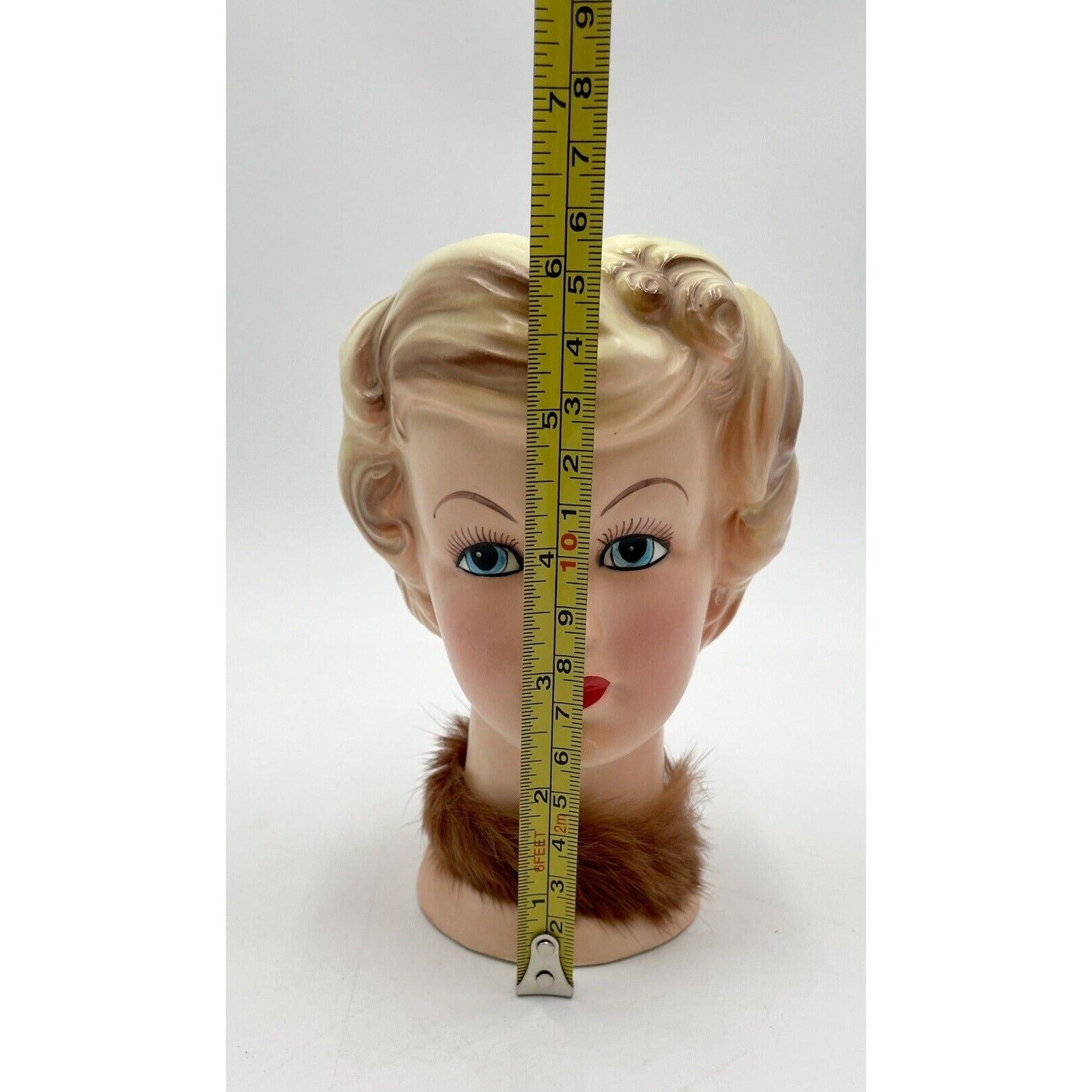 Vintage Enesco 6" Lady Head Vase w/ Blond Hair & Fur Collar - Vintosh Vintage