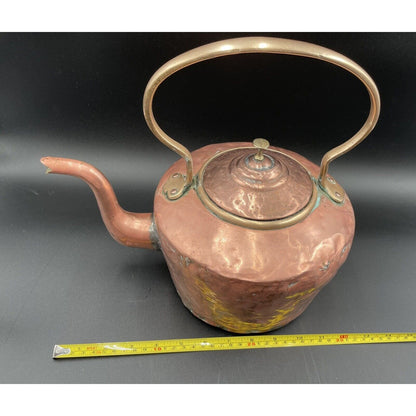 Antique 12" Copper & Brass Kettle with Stationary Handle (A3) - Vintosh Vintage