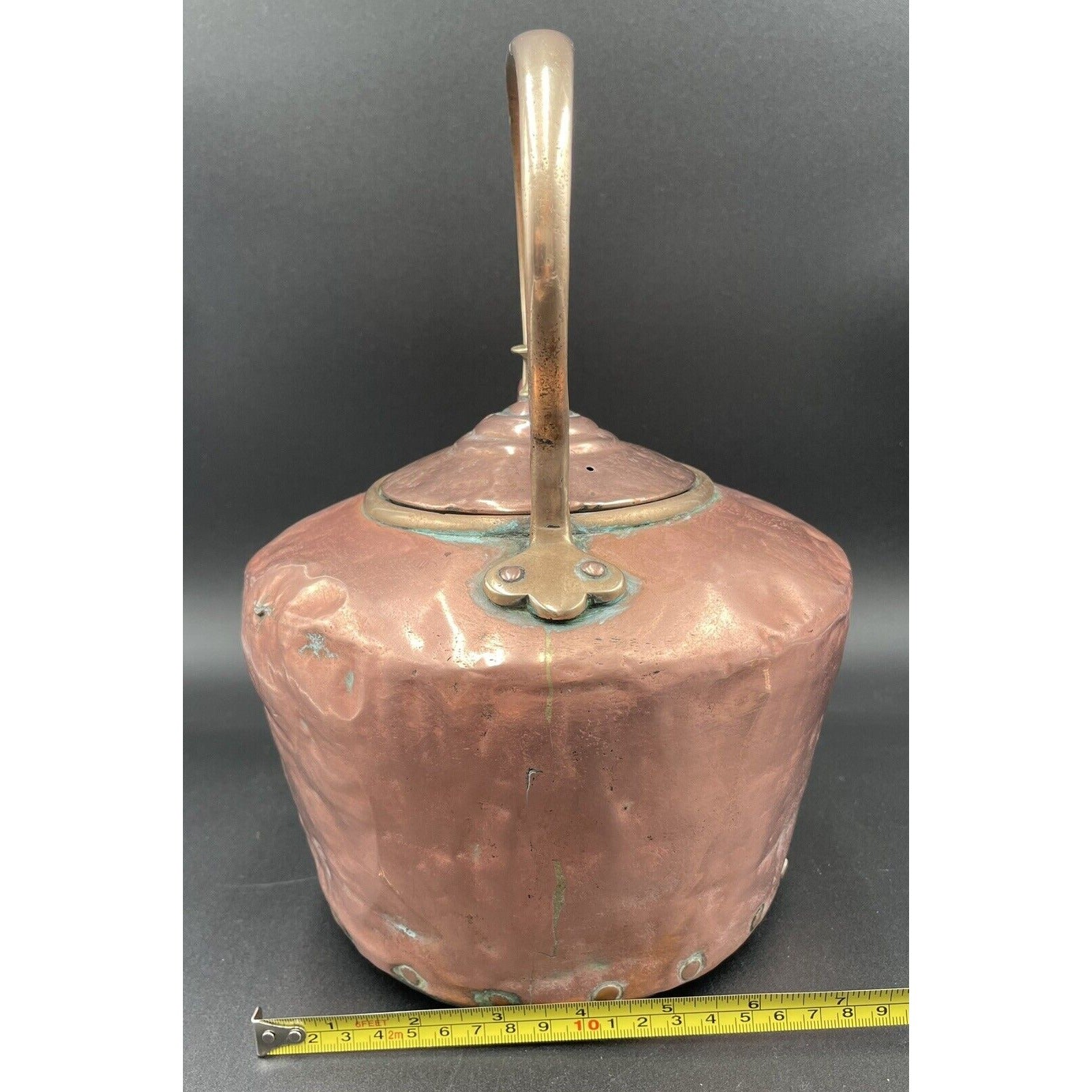 Antique 12" Copper & Brass Kettle with Stationary Handle (A3) - Vintosh Vintage