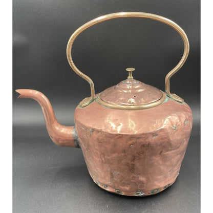 Antique 12" Copper & Brass Kettle with Stationary Handle (A3) - Vintosh Vintage
