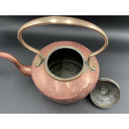 Antique 12" Copper & Brass Kettle with Stationary Handle (A3) - Vintosh Vintage