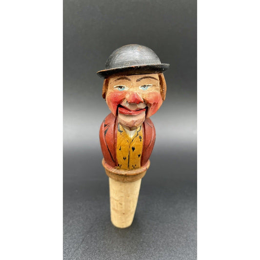 Vintage Mechanical Hand Carved Wood Bottle Stopper/Cork Clown w/Hat (B6) - Vintosh Vintage