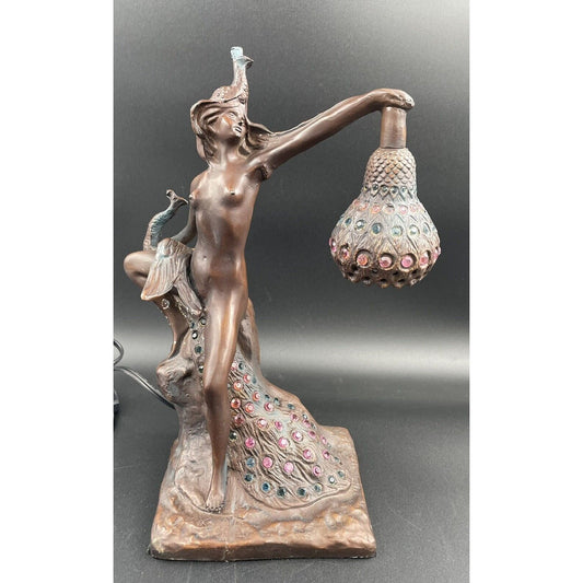Vintage Philippe Wolfers Art Nouveau Bronze Jeweled Female & Peacock Table Lamp - Vintosh Vintage